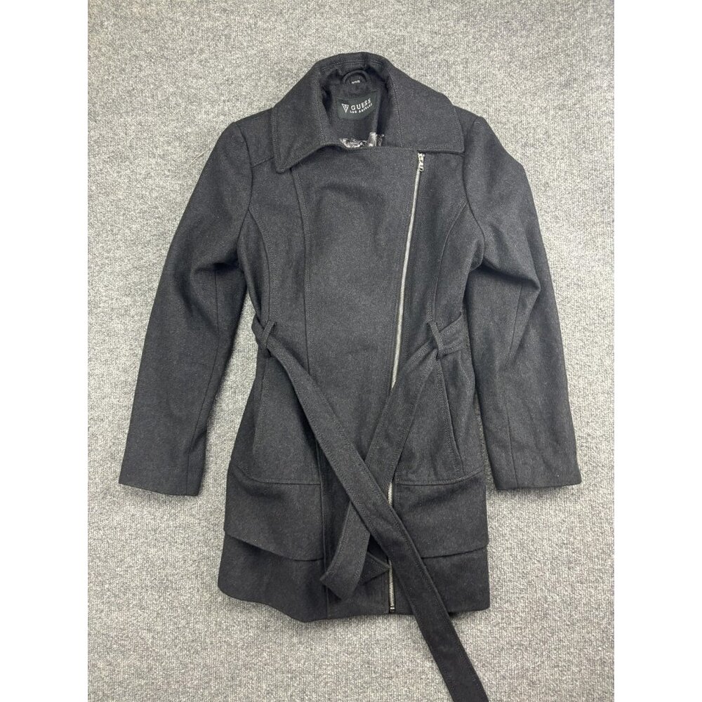 Guess Coat Womens XL Charcoal Wool Blend Asymmetrical Zip Belted Moto Winter